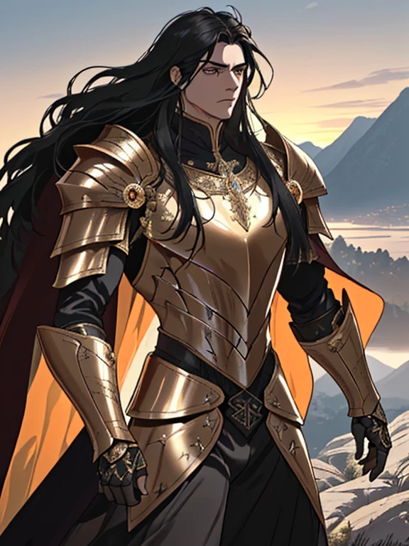 (huge tall man with black hair,long hair,beautiful detailed eyes,detailed face, wearing golden scorpion armor like the knights of the zodiac,well-built body),with (realistic,photorealistic) rendering, in a (dramatic, epic) pose, standing on a (rocky, mountainous) terrain surrounded by (majestic, towering) trees, under a (shimmering, radiant) sunset sky. The (intense, warm) light illuminates the scene, casting (deep, striking) shadows on the landscape. The armor reflects the light, creating a (glowing, metallic) effect. The man's muscles are well-defined and the armor fits perfectly, showcasing his strength and power. He holds a (gleaming, mighty) sword with intricate engravings, ready for battle. The wind blows through his hair and the fabric of his cloak, adding a sense of movement and dynamism to the composition.