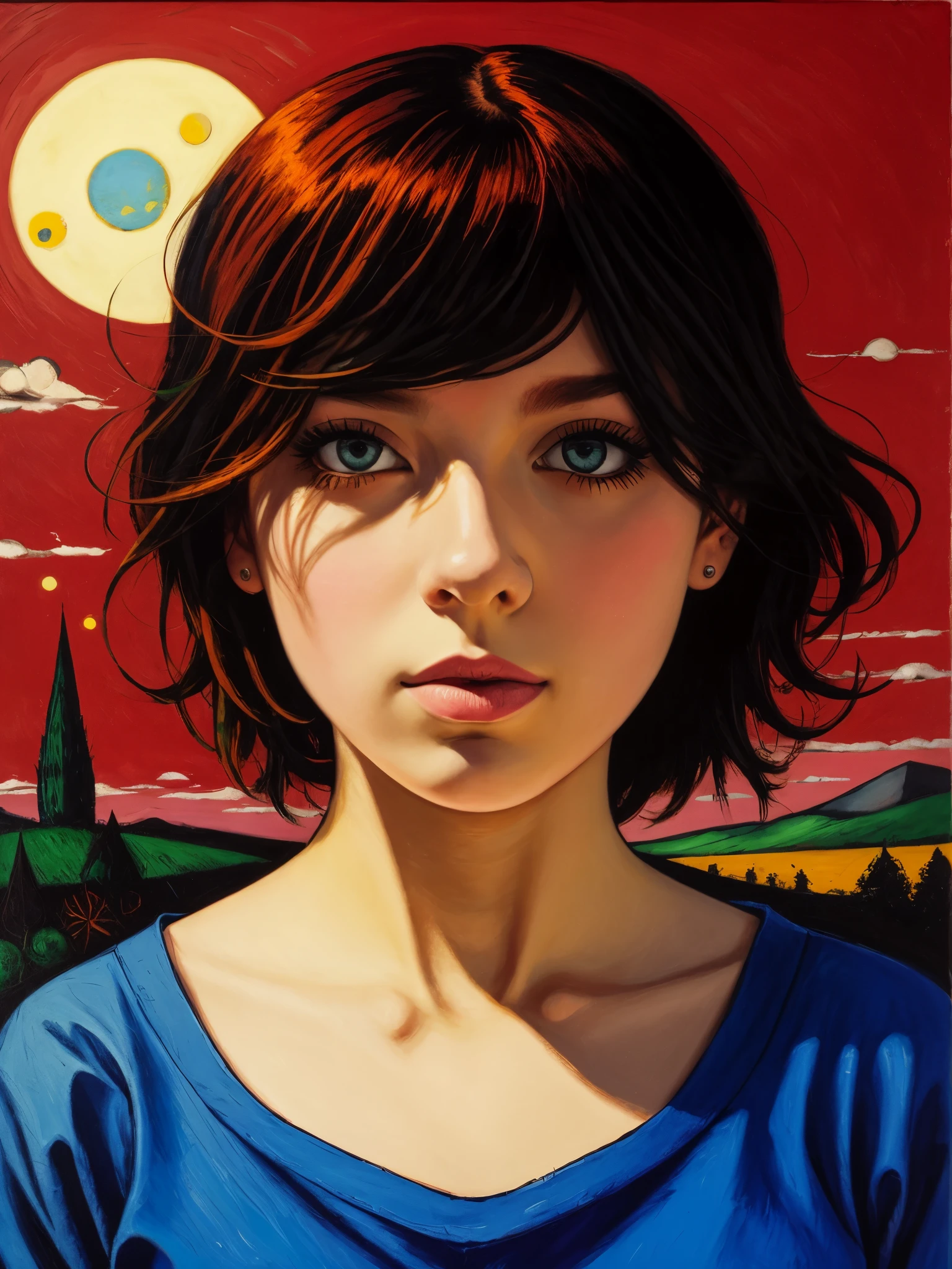 [[(front full portrait:1girl (solo) with big eyes and a short hair oblique bob)((Apollonia-Saintclair style)), [dress ((Marc Chagall style)])):20]/[background: landscape
 Renaissance, old canva, (scarlet sunset), ((landscape style Alexey Savrasov))]/[very colorful,((oil painting palette knife))((masterpiece)),((highest detail))]]
