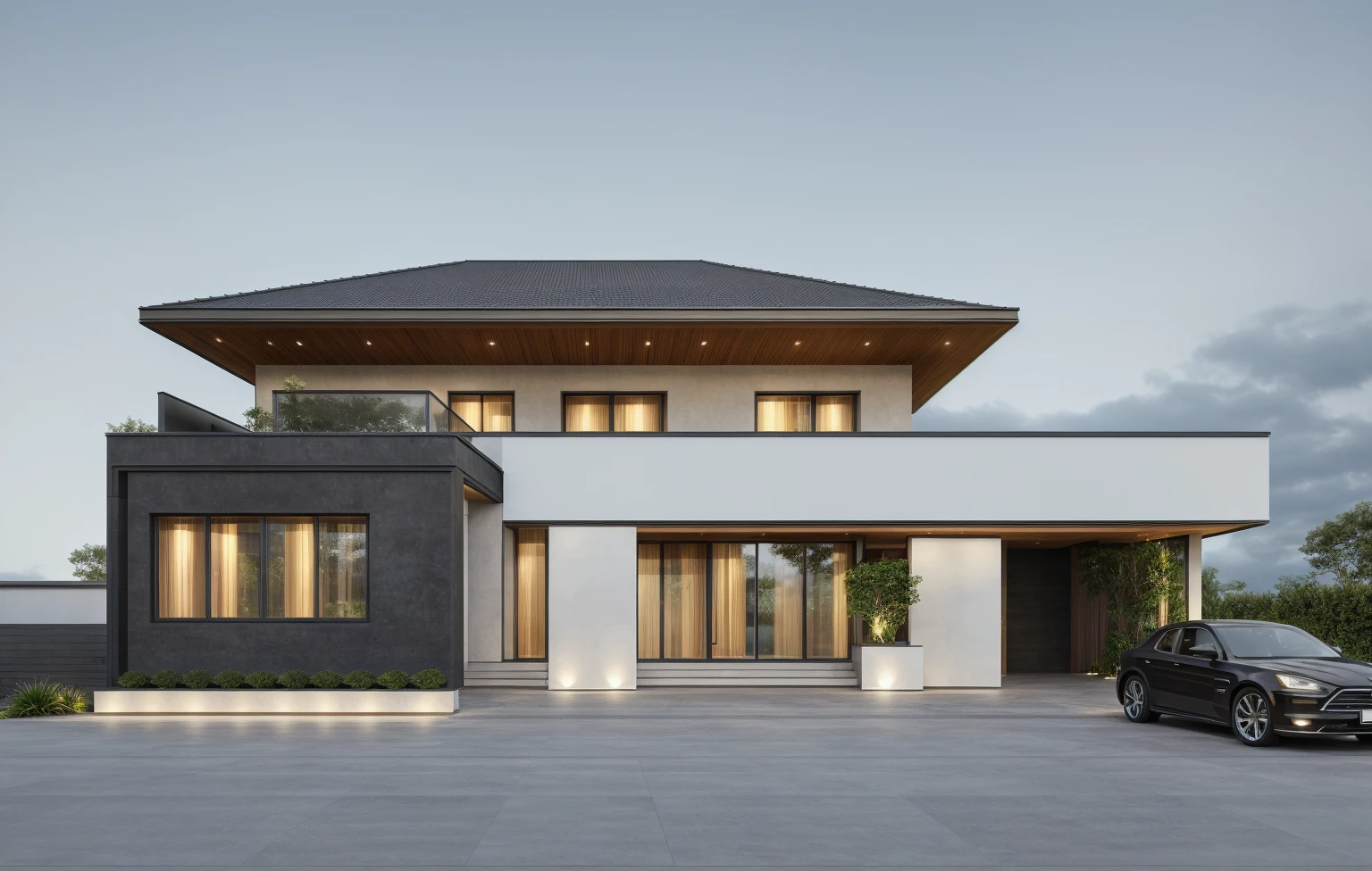 PLATFORM KTHOUSE, 1 morden villa, slope roof, main material of villa about build color wall:1.2 glass panel:1.1 and stone:1.2, 1large yard, 1 road runs in front of the house, (RAW photo, real, best quality, masterpiece:1.2), look morden minimalist, 1 road in front of the house, dynamic lighting:1.3, (hyper realistic, photo-realistic:1.2), high quality, (dark lighting:1.2), perfect lighting, archdaily, no human, light at 12 noon, light in door:1.2