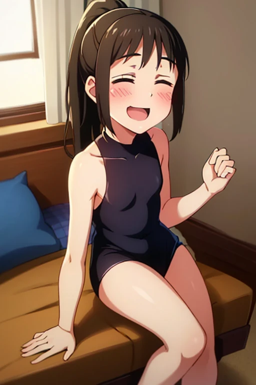 ((highest quality)), ((masterpiece)), (be familiar with), Perfect Face, indoor, Bedroom, Watching the audience,
One woman, Zenyuan Maki,
Open Mouth, Ecstatic expression, blush, smile,
Small breasts, Flat Chest, Young Girl, , , Girl,
Long Hair, ponytail,
Leg spread,