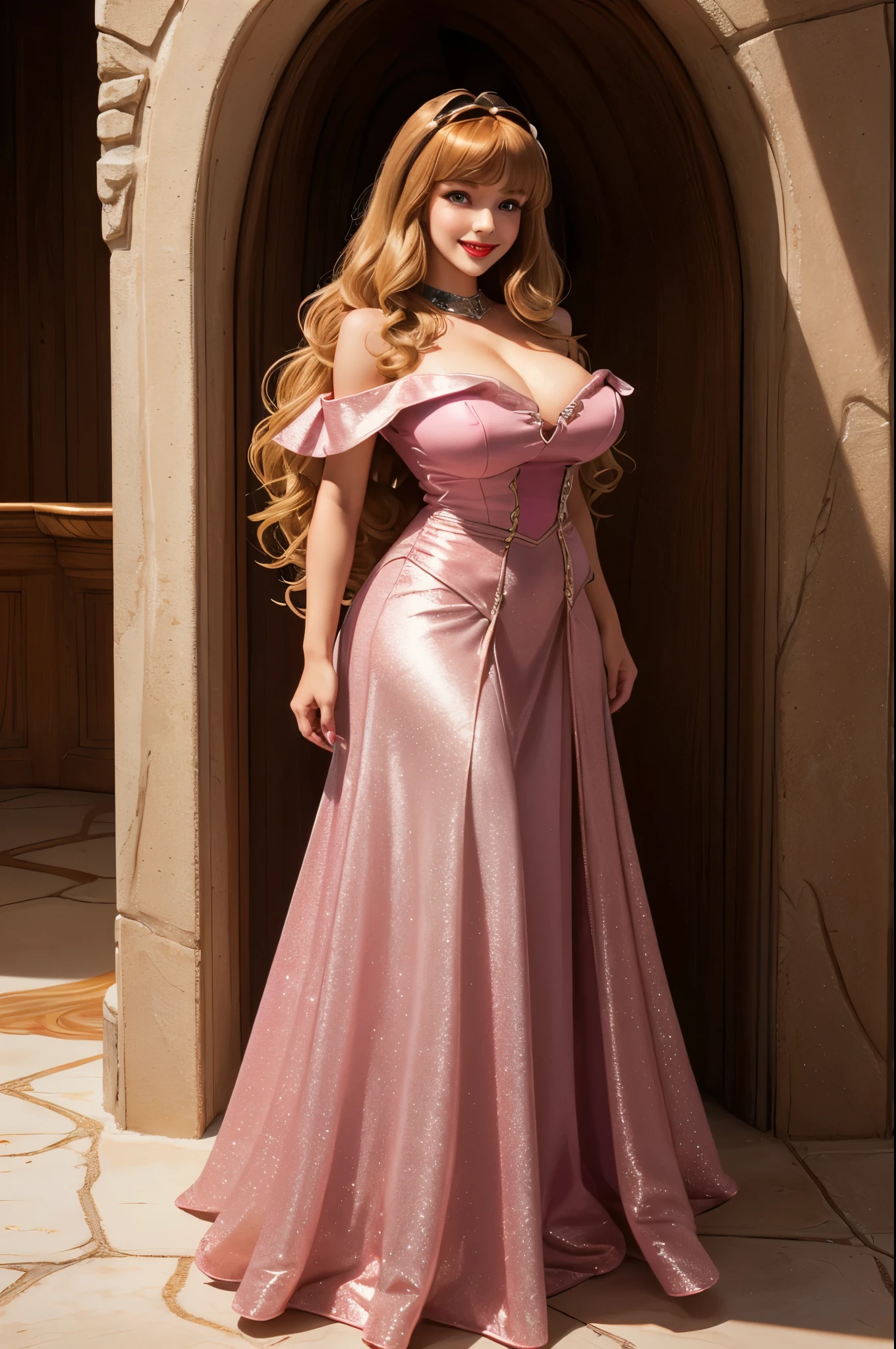 DisneyAurora 27 years old, full body shot, Beautiful woman (((shoulder length wavy caramel blonde hair))) (bangs:1.2) (sparkling pink dress, long skirt) (purple eyes) defined body, Red lipstick, smiling, hands free, standing, (huge_breasts:1.1) , starship observation lounge overlooking Earth below (curvy:1.1)