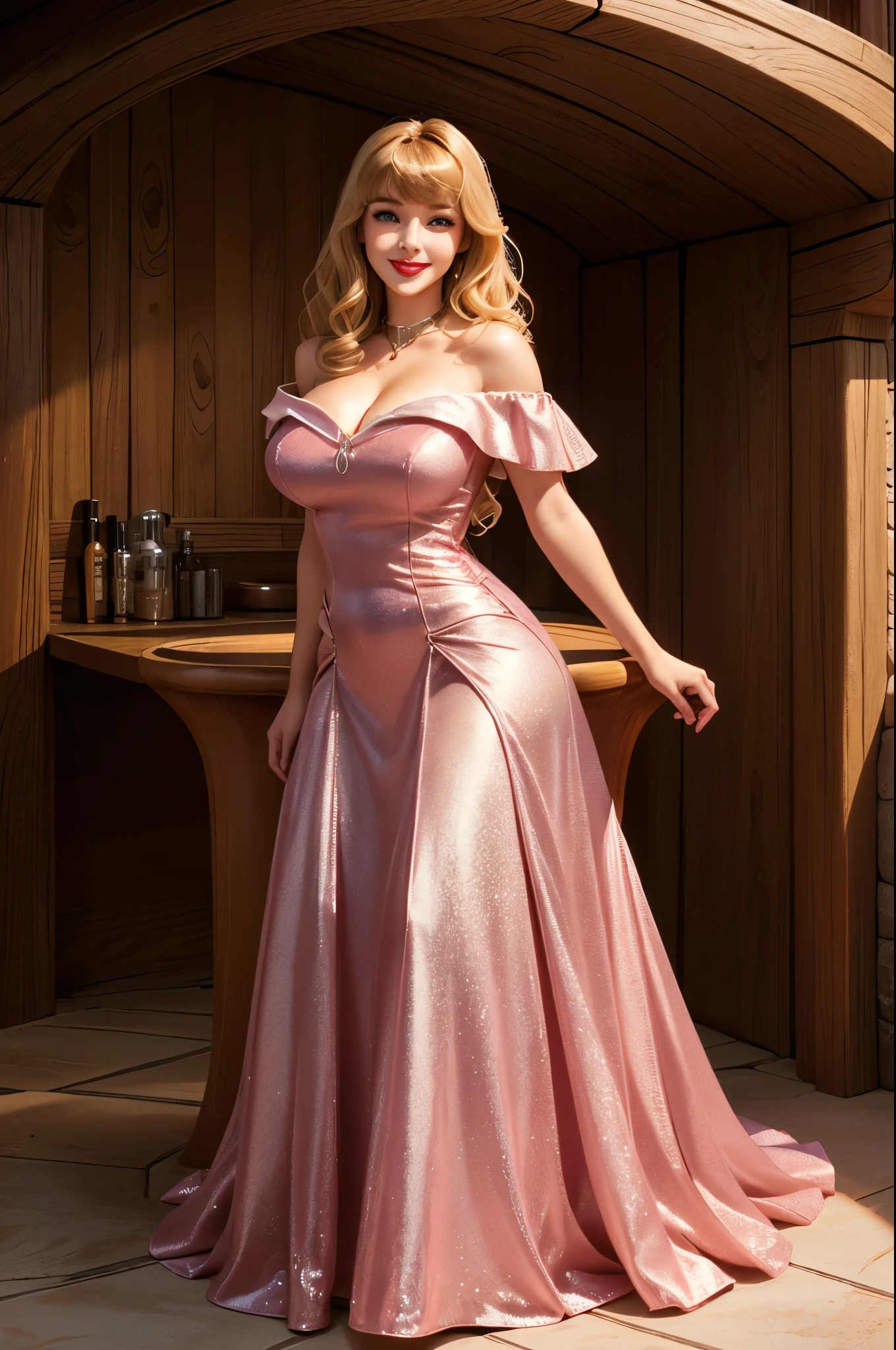 DisneyAurora 27 years old, full body shot, Beautiful woman (((shoulder length wavy caramel blonde hair))) (bangs:1.2) (sparkling pink dress, long skirt) (purple eyes) defined body, Red lipstick, smiling, hands free, standing, (huge_breasts:1.1) , starship observation lounge overlooking Earth below (curvy:1.1)