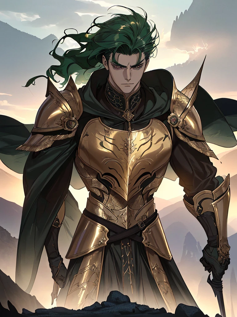 (huge tall man with dark green hair,short hair,beautiful detailed eyes,detailed face, wearing golden scorpion armor like the knights of the zodiac,well-built body),with (realistic,photorealistic) rendering, in a (dramatic, epic) pose, standing on a (rocky, mountainous) terrain surrounded by (majestic, towering) trees, under a (shimmering, radiant) sunset sky. The (intense, warm) light illuminates the scene, casting (deep, striking) shadows on the landscape. The armor reflects the light, creating a (glowing, metallic) effect. The man's muscles are well-defined and the armor fits perfectly, showcasing his strength and power. He holds a (gleaming, mighty) sword with intricate engravings, ready for battle. The wind blows through his hair and the fabric of his cloak, adding a sense of movement and dynamism to the composition.