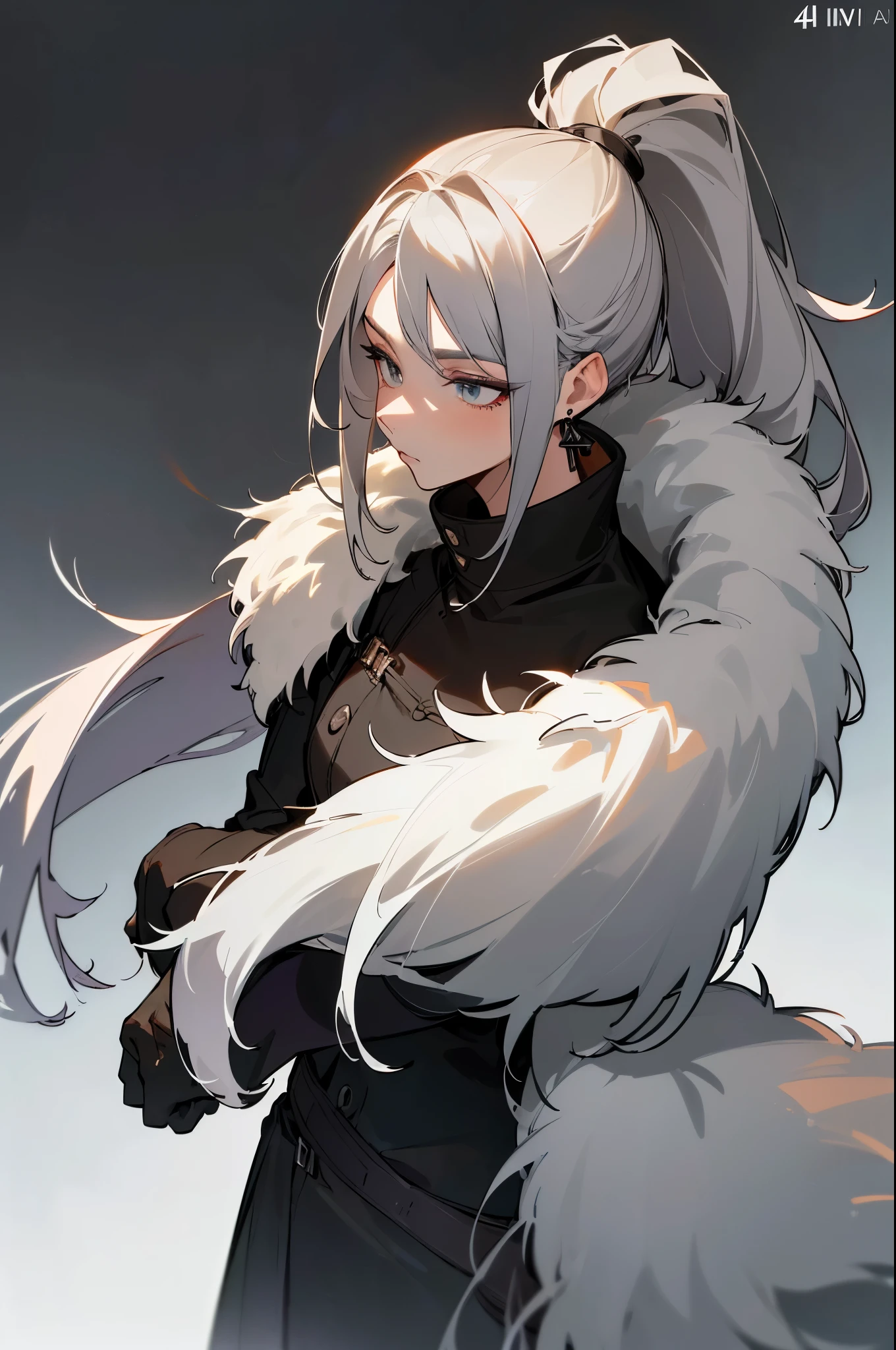 (long grey hair in a ponytail,fur trim coat,black combat clothing,tight fitting clothing,black earrings,winter clothing,lean male,1male),(best quality,4k,8k,highres,masterpiece:1.2),ultra-detailed,HDR,UHD,studio lighting,professional,(vivid colors,earth tones),portrait