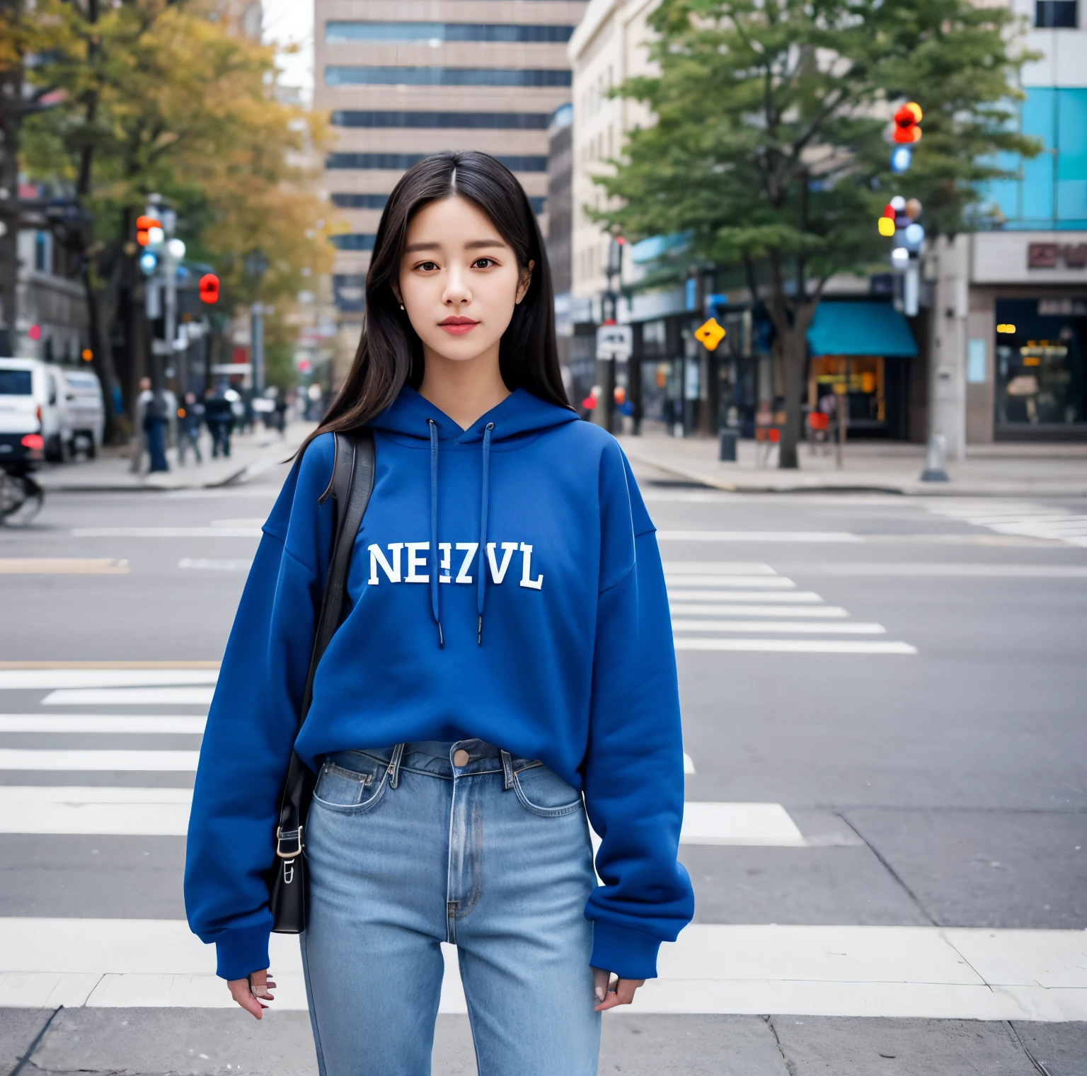 arafed woman in a blue sweatshirt and jeans standing on a city street, she is wearing streetwear, krystal, woman in streetwear, standing in a city center, in a navy blue sweater, korean girl, kim doyoung, portrait of jossi of blackpink, girl wearing uniform, wearing casual clothing, jisoo from blackpink, korean women's fashion model, korean woman