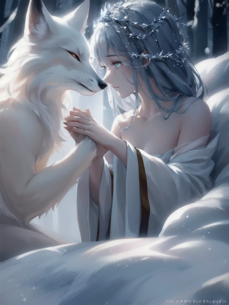 In the mysterious forest, the snow-white fox cruises gracefully, his fur shimmers silvery white, and his eyes reveal wisdom and mystery. It is best to depict a side border, facing line of sight, and he loves the artistic style and infectious images. Highly detailed hands, very detailed hands, very detailed eyes