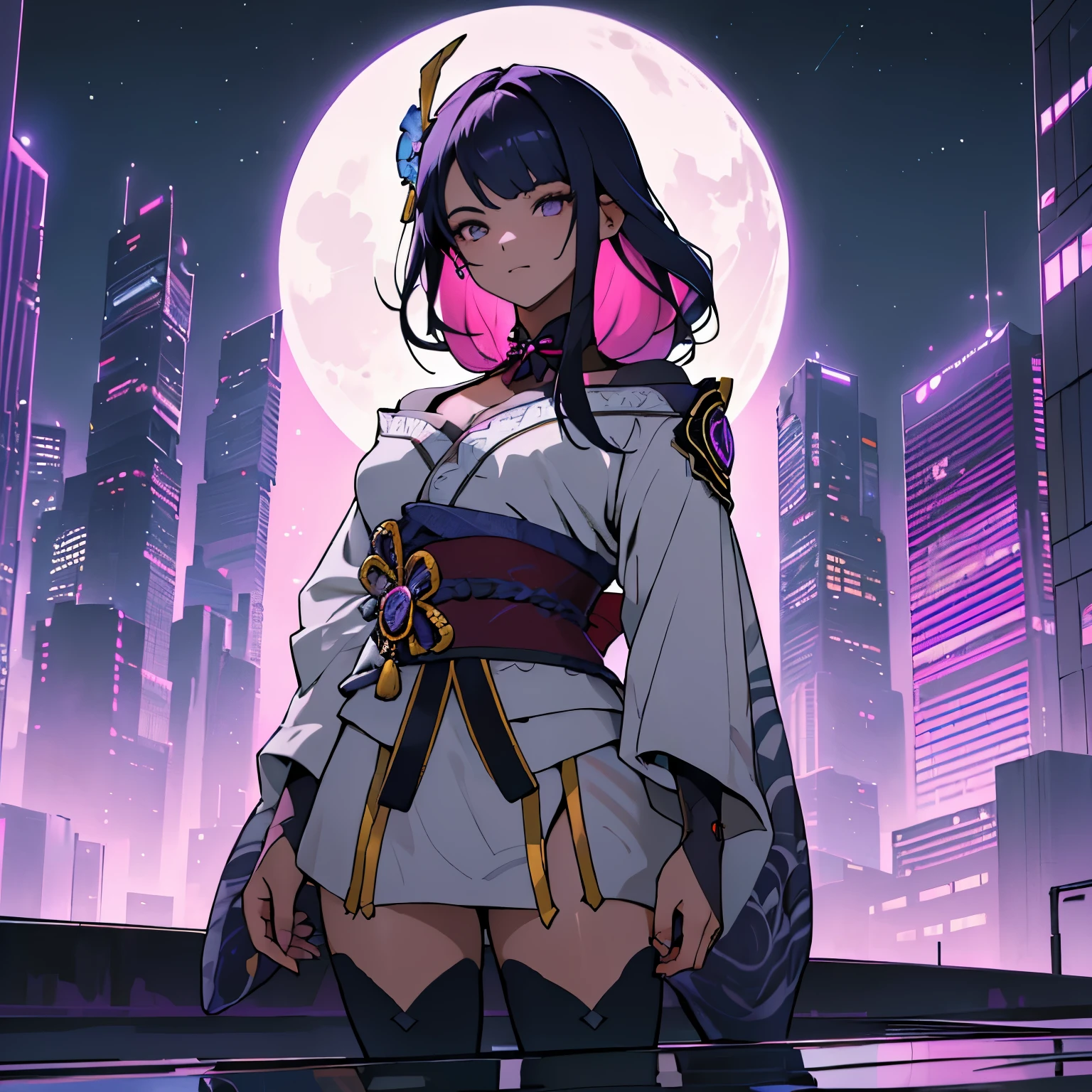 anime, (obra de arte, melhor qualidade, ultra-detalhado, alto contraste), 1 mulher (Sozinho, corpo todo, corpo plus size, standing on the edge of the skyscraper, cabelo prateado, CABELO LONGO E FLUXO, olhos vermelhos brilhantes de rubi, (Kimono preto, black cybernetics with neon pink), meias pretas transparentes), (skyscraper roof, com vista para uma cidade, fundo detalhado ((night time, Darkness, low light pollution)))