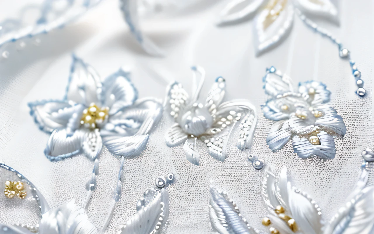 Bride ', Veil with Fine embroidery, Blanche, beautiful stitched hem, Rococo pattern, silver thread embroidery on white background, decorated with pearly beads, close-up photo of beautiful bride ', Veil on wedding day, studio lighting, photographed by professionals, masterpieces,
