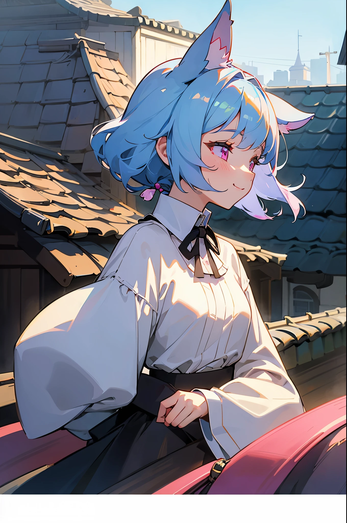 16 year old girl、(long sleeve blouse)、ruffle blouse、Formal style、small breasts、light blue hair、dog ears、pink eyes、profile、lots of acorns、smile、upper body close-up、Rooftop of urban building area