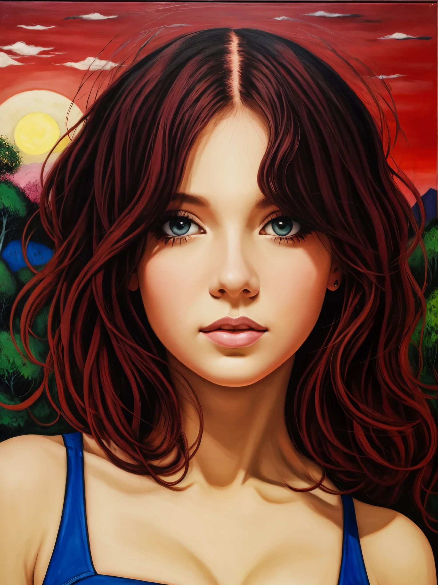 [[(front full portrait:1girl (solo) with big eyes and a short hair oblique bob, apple)((Apollonia-Saintclair style)), [dress ((Marc Chagall style)])):20]/[background: landscape
 Renaissance, old canva, (scarlet sunset), ((landscape style Alexey Savrasov))]/[very colorful,((oil painting palette knife))((masterpiece)),((highest detail))]]