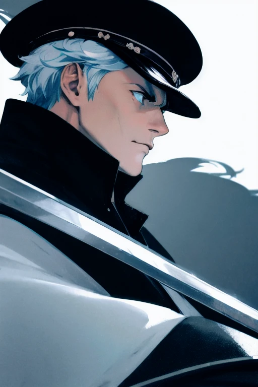 masterpiece, best quality, high contrast, black and white colors, high detailed, detailed skin, shonen manga, antagonist, 1 guy, serious face, captains hat, holding a sword, side view, wearing a cloak