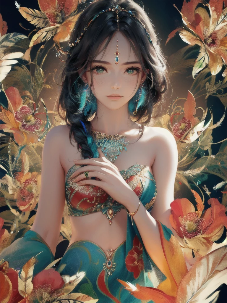 (masterpiece, top quality, Best quality, official art, beautiful and aesthetically pleasing:1.2), (1 girl, mature:1.3, got old:1.3), long hair, braid sidelocks, Extremely detailed,(fractal art:1.1),(colorful:1.4)(flowers:1.3),The most detailed,(zentangle:1.2), (dynamic pose), (abstract background:1.3), (shiny skin), (many colors:1.4),(earrings:1.4), (feathers:1.4), cowboy shot, Highly detailed hands, very detailed hands