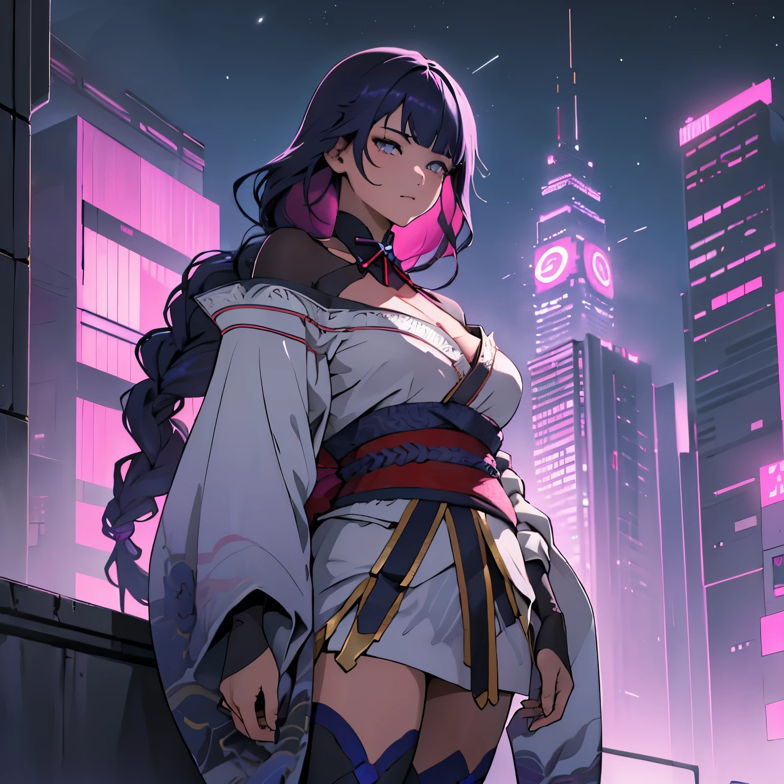 anime, (obra de arte, melhor qualidade, ultra-detalhado, alto contraste), 1 mulher (Sozinho, corpo todo, corpo plus size, standing on the edge of the skyscraper, cabelo prateado, CABELO LONGO E FLUXO, olhos vermelhos brilhantes de rubi, (Kimono preto, black cybernetics with neon pink), meias pretas transparentes), (skyscraper roof, com vista para uma cidade, fundo detalhado ((night time, Darkness, low light pollution)))