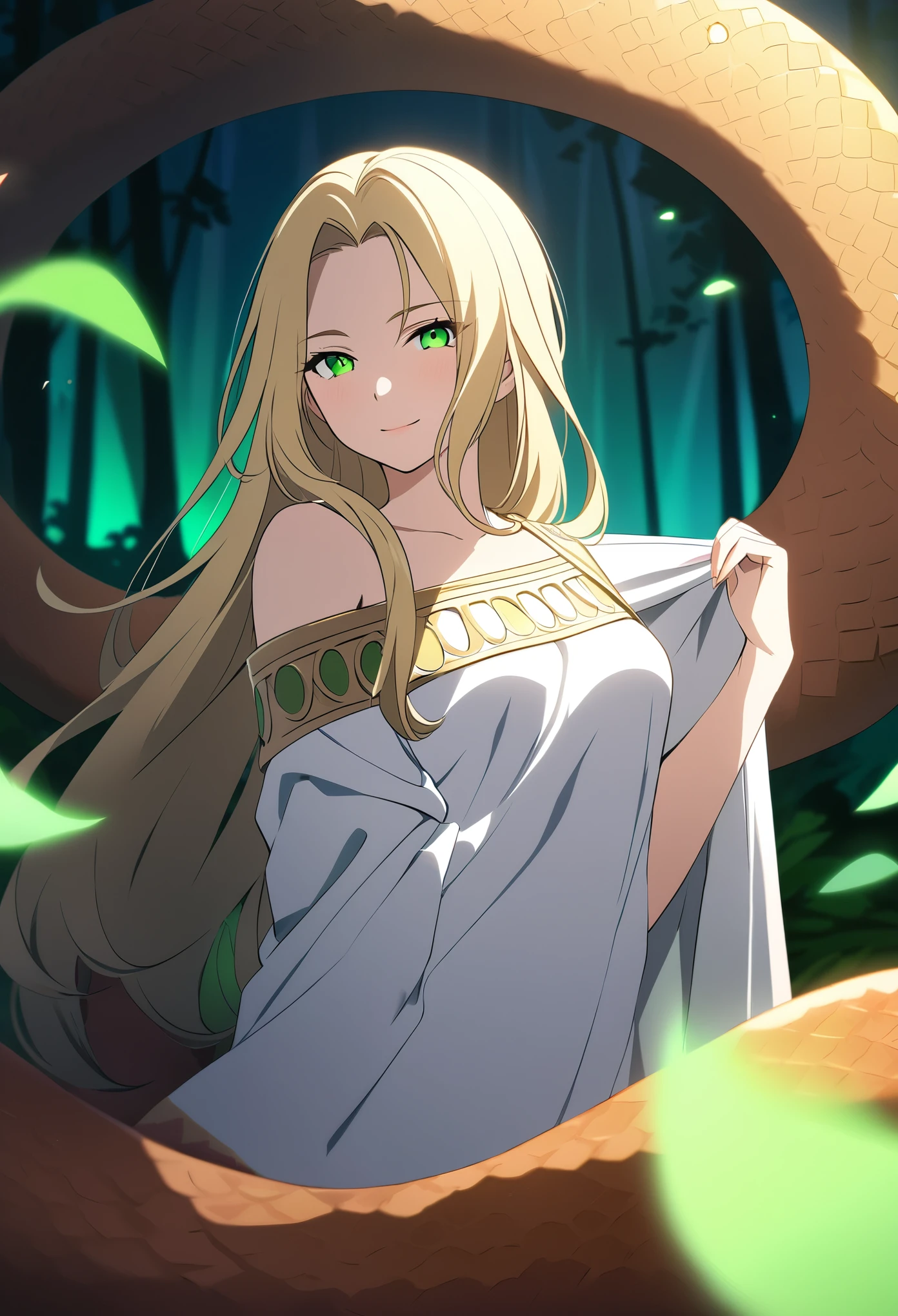 (Top image quality)，2023 Animation，Top animation quality，High-definition animation details，Detailed wallpaper，(masterpiece)，(medium view), solo，A woman is (lamia)，Ancient Greek robes，Off-shoulder，Pretty face，Fine blond hair，light smile，[Golden snake tail，snake tail very smooth]，looking at viewer，Forest background，Depth of Field，at night，(Dynamic green light:1.2)，Background Light，cinematic shadow，Ultra Detailed