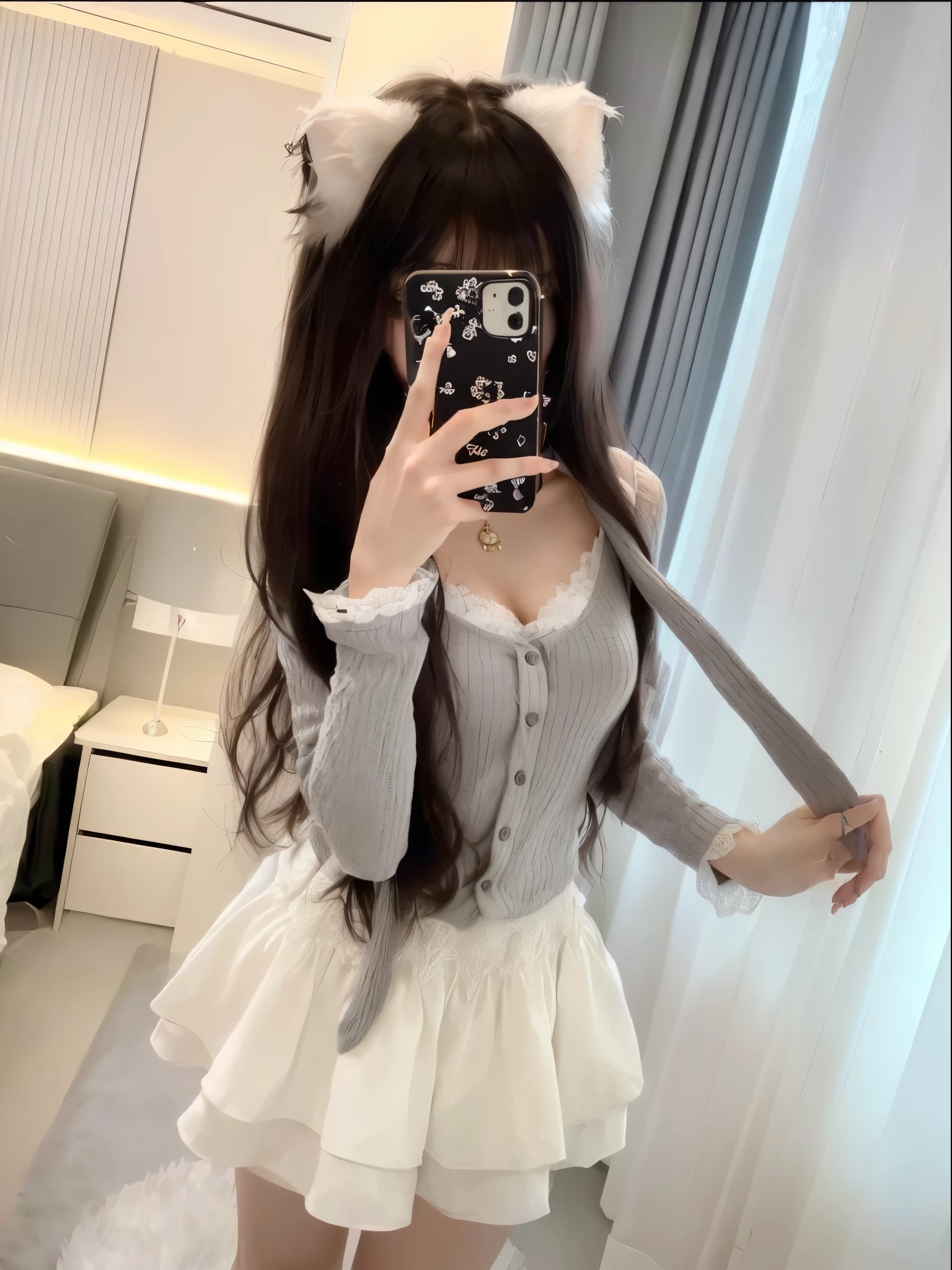 A woman is taking a selfie in front of a mirror, Sakimichan, lovely and Lovely, , 8k)), female furry mini Lovely style, very beautiful Lovely catgirl, grey, 🍂 Lovely, 19xx, Lovely, Ulzan, Lovelycore, Lovely girl, 2 d cg, grey的, Kaimonomimi