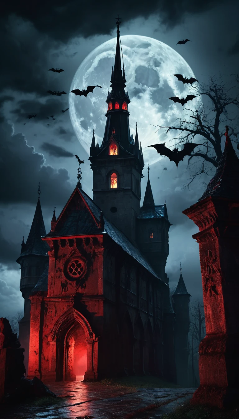 (best quality,4k,8k,highres,masterpiece:1.2),ultra-detailed,(realistic,photorealistic,photo-realistic:1.37),haunting,ominous,menacing,vivid colors,castle in the background,full moon in the sky,creepy bats flying,ancient stone walls with intricate carvings,lurking shadows amidst the darkness,eerie mist enveloping the surroundings,ominous thunderstorm with lightning bolts illuminating the scene,morbid and sinister atmosphere,ominous silhouette of dark figures lurking,gothic architecture with sharp spires and gargoyles,crimson red blood dripping from the walls,decrepit and abandoned surroundings,haunted with tortured souls,cold and pale moonlight casting chilling shadows,dread and fear palpable in the air,foreboding presence of Vlad the Impaler,horror-filled music playing softly in the background.