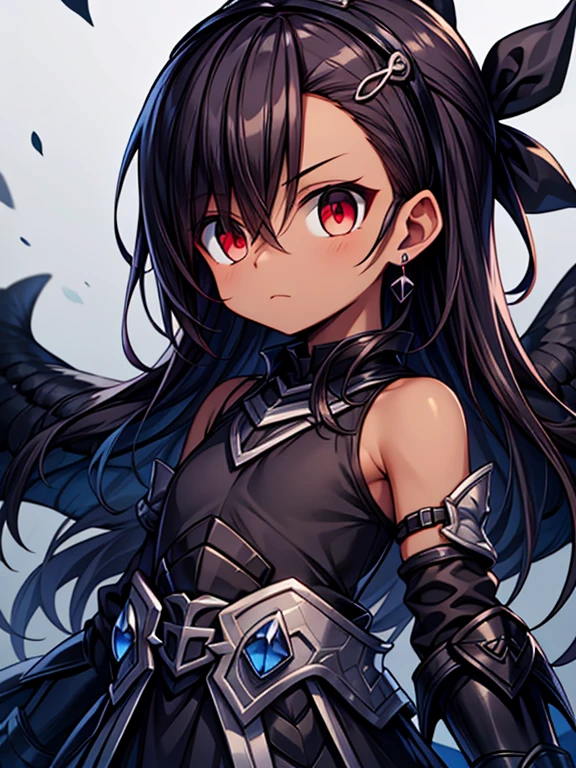 Masterpiece High res, high definition, (((dark skin tone))),dark skin male, dark skin, cute shota,red eyes, black hairpin, brown hair, medium dark brown hair,wearing a black exoskeleton, black detached sleeves, black sleeveless shirt, black armoured Gauntlets, black bodysuit,black exoskeleton, black fingerless gloves, blue gems,Black hair accessories,