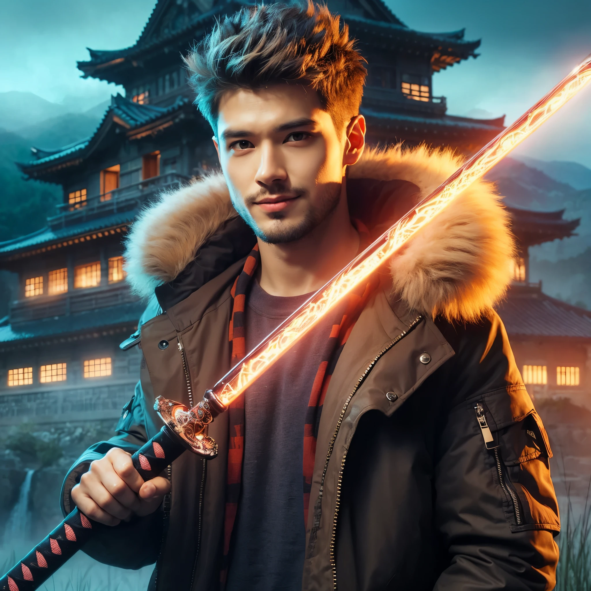 Professional photography masterpiece with 1 model: a confident, charming man in modern casual trendy attire, 25 years old, with a subtle smile, looking happy, holding a long sword with intricate tribal neon glowing, posing to attack an opponent forward, against a breathtaking waterfall backdrop with added mist, resembling a Sony 7000D photo, in high definition with dramatic lighting and added dramatic color effects.