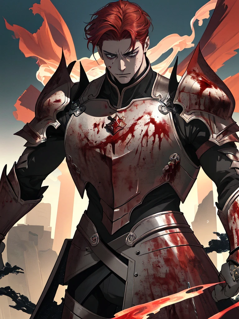 [(best quality,4k,8k,highres,masterpiece:1.2),(realistic,photorealistic,photo-realistic:1.37)] tall man with red hair and grey eyes, well-detailed body, detailed eyes and face, wearing golden armor like the knights of the zodiac, the armor is covered in blood and scratches. The man stands confidently with a determined expression, his pose exuding strength and power. He is surrounded by a dark and menacing atmosphere, with hints of smoke and fire in the background. The lighting highlights the intense colors of the armor, casting dramatic shadows on his muscular figure. The overall color tone is dark and gritty, with a hint of red to emphasize the blood. This artwork should have a mixture of photorealism and artistic style, with attention to every small detail, creating a visually stunning and captivating image.