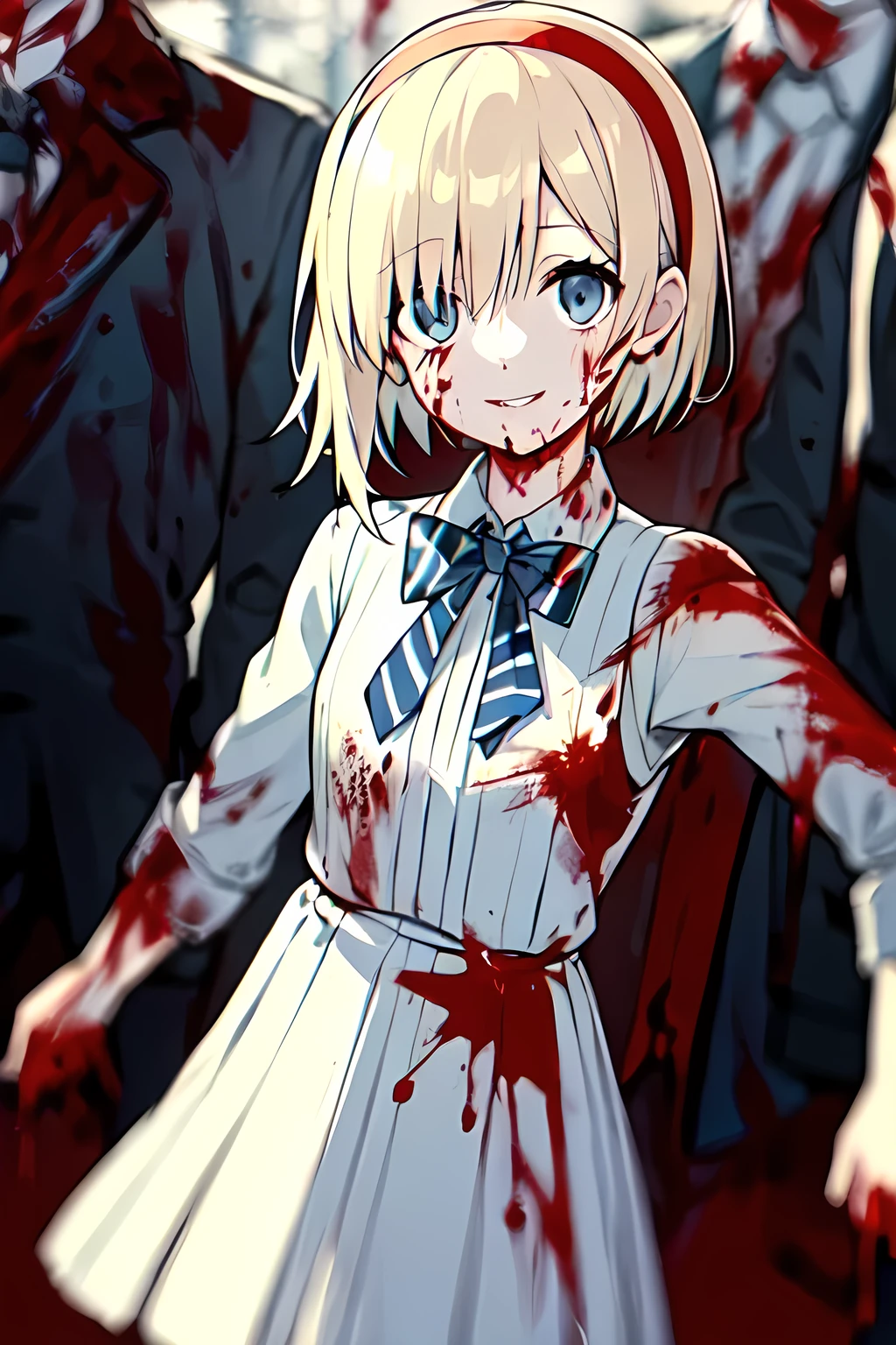 okuzora kohaku,
(best quality), (masterpiece), highres, ultra-detailed, illustration, (detailed light),
solo,1girl, age,
blonde hair, short hair, hairband, bangs, blue eyes, ultra-detailed eyes, kind smile, white dress, long sleeves, bowtie, striped, outdoors, shibuya \(tokyo\), (((blood, blood on arm, blood on face, blood on clothes, blood on hands)))