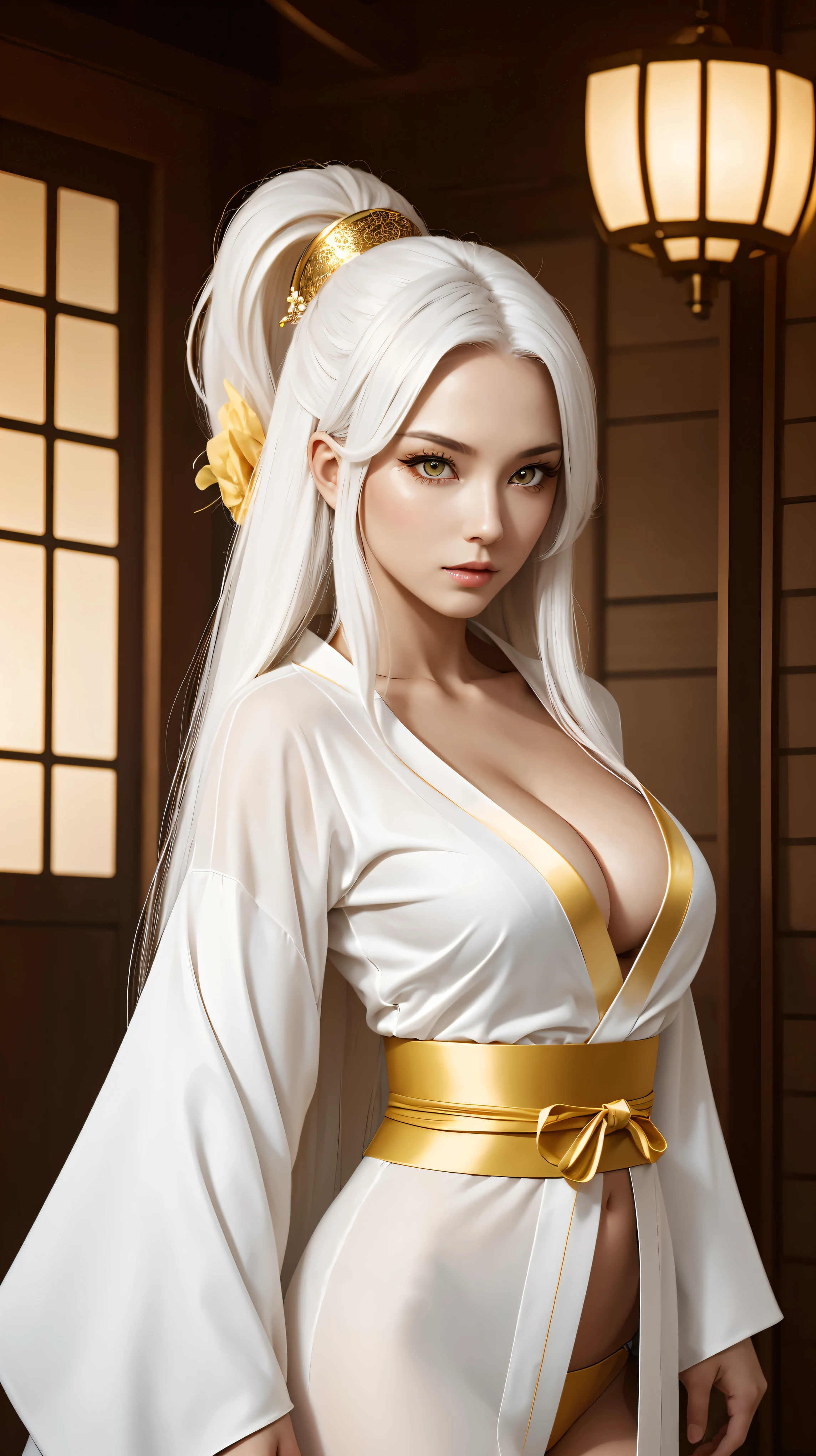 A beautiful and sexy woman with long white hair and yellow eyes Who has a very sexy body wearing a white kimono with gold details