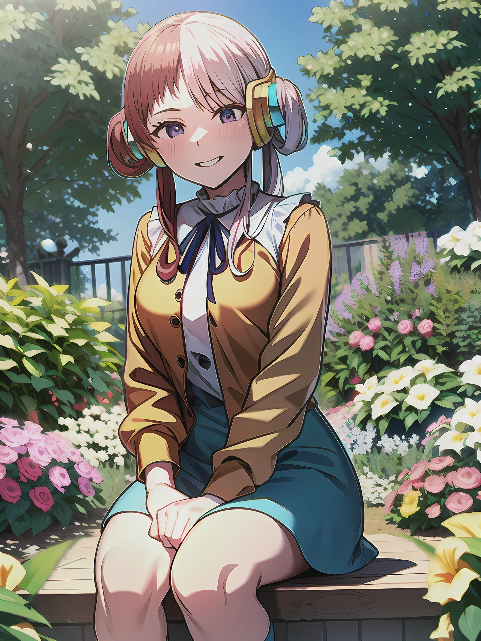 Uta, white and red hair, 1girl, sitting in a garden, nice environment, super detailed, high quality