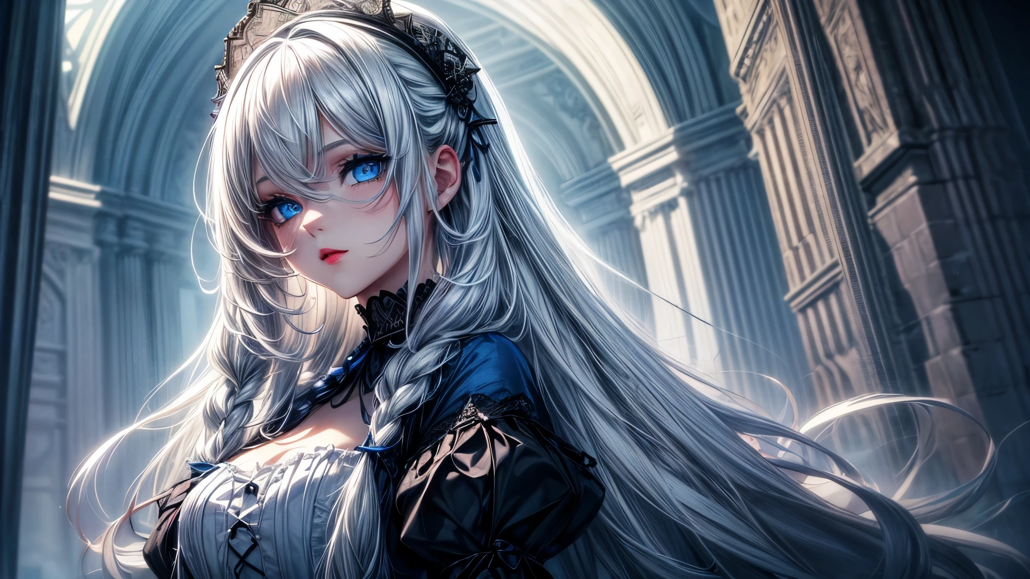 4K quality:1.2,1girl,sense of deps,disorganized,catch light,Super beautiful illustration,((White,long hairstyles:1.3)),dark dark eyeshadow,(((4k,super beautiful,In detail,blue eyes))),bright red lipstick,gothic lolita,;D,beautiful and delicate hair