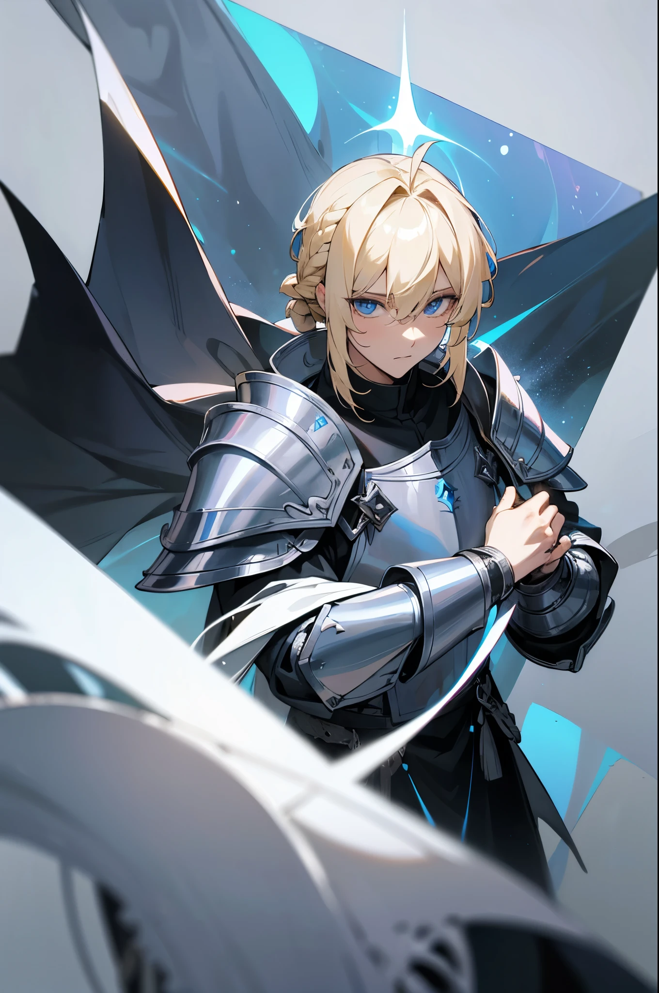 male knight,blond hairbl,Single braided hairstyle,By bangs,hair between eye,holy paladin,Black and white clothing,Capable and elegant,Religious dress,Wears silver armor,goth style。Western fantasy style,Concise background。Concise background,Masterpiece, mistic, aethereal,Blue light particles,color difference