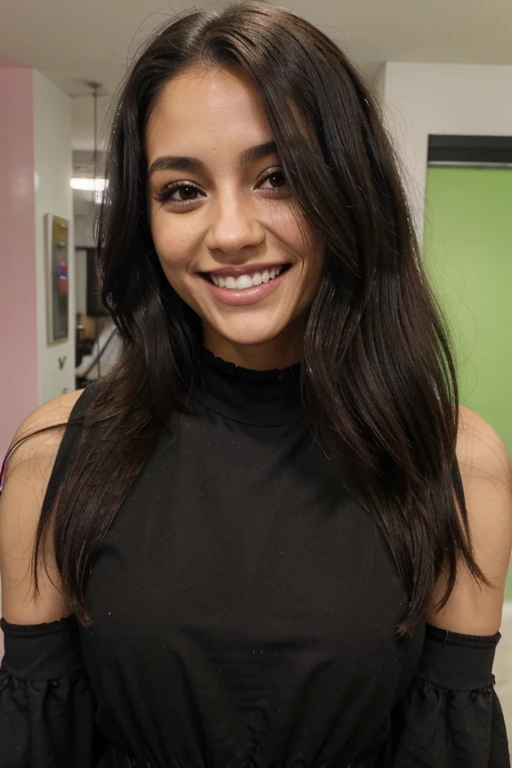 1 chica, pelo largo, cabello enrulado, color pelo negro, ojos negros, sonreir, vestido, medias negras