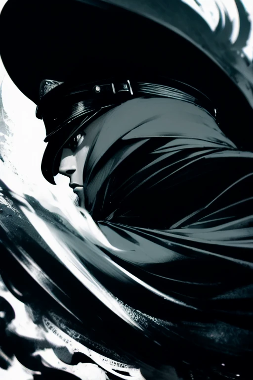 masterpiece, best quality, high contrast, black and white colors, high detailed, detailed skin, shonen manga, antagonist, 1 guy, serious face, captains hat, holding a sword, side view, wearing a cloak, full body