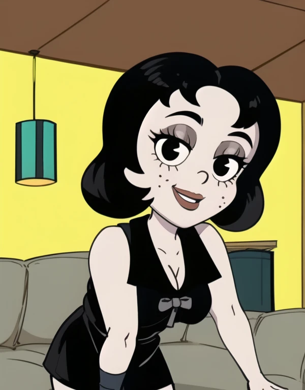 Toot,grey skin,short hair,plump black eyes,black hair,
smile,
black thigh highs,short black dress,sleeveless,cleavage,
Full body,
house,indoors,yellow walls,
(insanely detailed, beautiful detailed face, masterpiece, best quality),