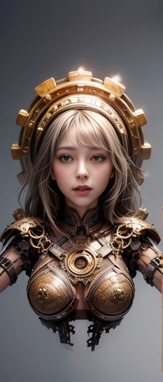 ((masterpiece, best quality, Highest image quality, high resolution, Reality, original photo, 8k)), Mechanical Puppet, Her body is made of gears and a wooden frame. White background, Blank laboratory,