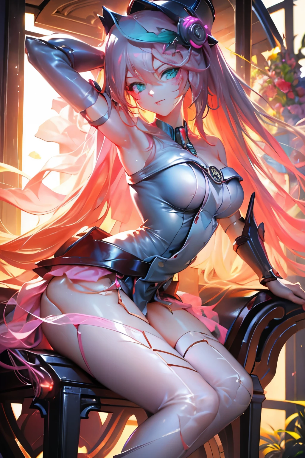 Hatsune Miku disfrazada de dark magician gils. Pose sensual y seductora. Fondo de magia