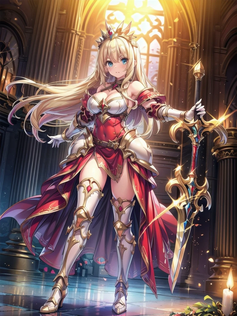 masterpiece, best quality, high resolution, extremely detailed CG, absurdres, full body, 1girl, solo, a girl in armor and a crown holding a large sword, white armor, golden decoration, red_outfit, off-shoulder, thighhighs, long hair, blond hair, leg armor, cleavage, crown, gloves, armor, white gloves, high heels, off-shoulder armor, >:), Standing posing