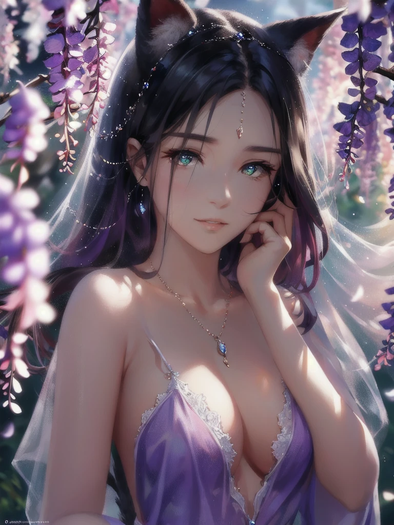 anime style, very fine illustration, high detail, dynamic foreshortening, great detail, 8k, Wisteria trees quietly shine on a spring night, illuminated by city lights. BREAK The woman stands motionless, fascinated by the beautiful scene, watching the wisteria flowers fall. The expression on her face says that she is sincerely delighted with the arrival of spring and the beauty of the flowering wisteria. very good illustration, High detail, dynamic angle, beautiful detailing,2D, (Best quality, masterpiece, Beauty, tenderness), Anime, Highly detailed face, very detailed eyes, very detailed background, Ideal lighting, Whole body, 1 girl, One, (Very detailed cat ears), (Very detailed ears behind the hair), Finely detailed eyes, ears covered with hair, Highly detailed hands, very detailed hands,