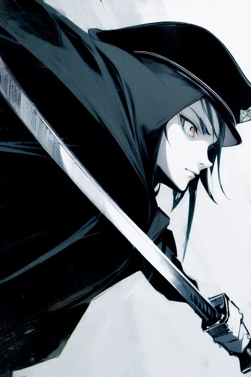 masterpiece, best quality, high contrast, black and white colors, high detailed, detailed skin, shonen manga, antagonist, 1 guy, serious face, captains hat, holding a sword, side view, wearing a cloak, full body, crazy eyes