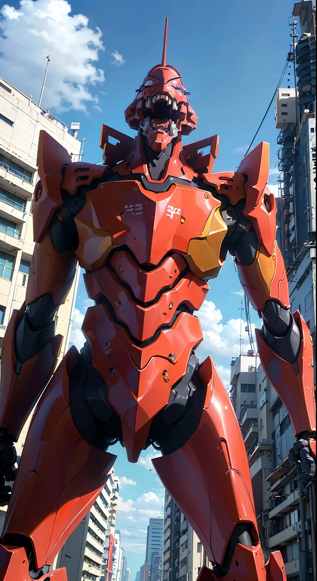 (best quality, 4k, ultra-detailed, highres, masterpiece:1.2), robotic humanoid giant (Eva 02) standing with one foot on top of a building in Tokyo, with an open mouth revealing intricate and detailed teeth and tongue, cables protruding from its back, and a slim and organic body covered in metallic armor.