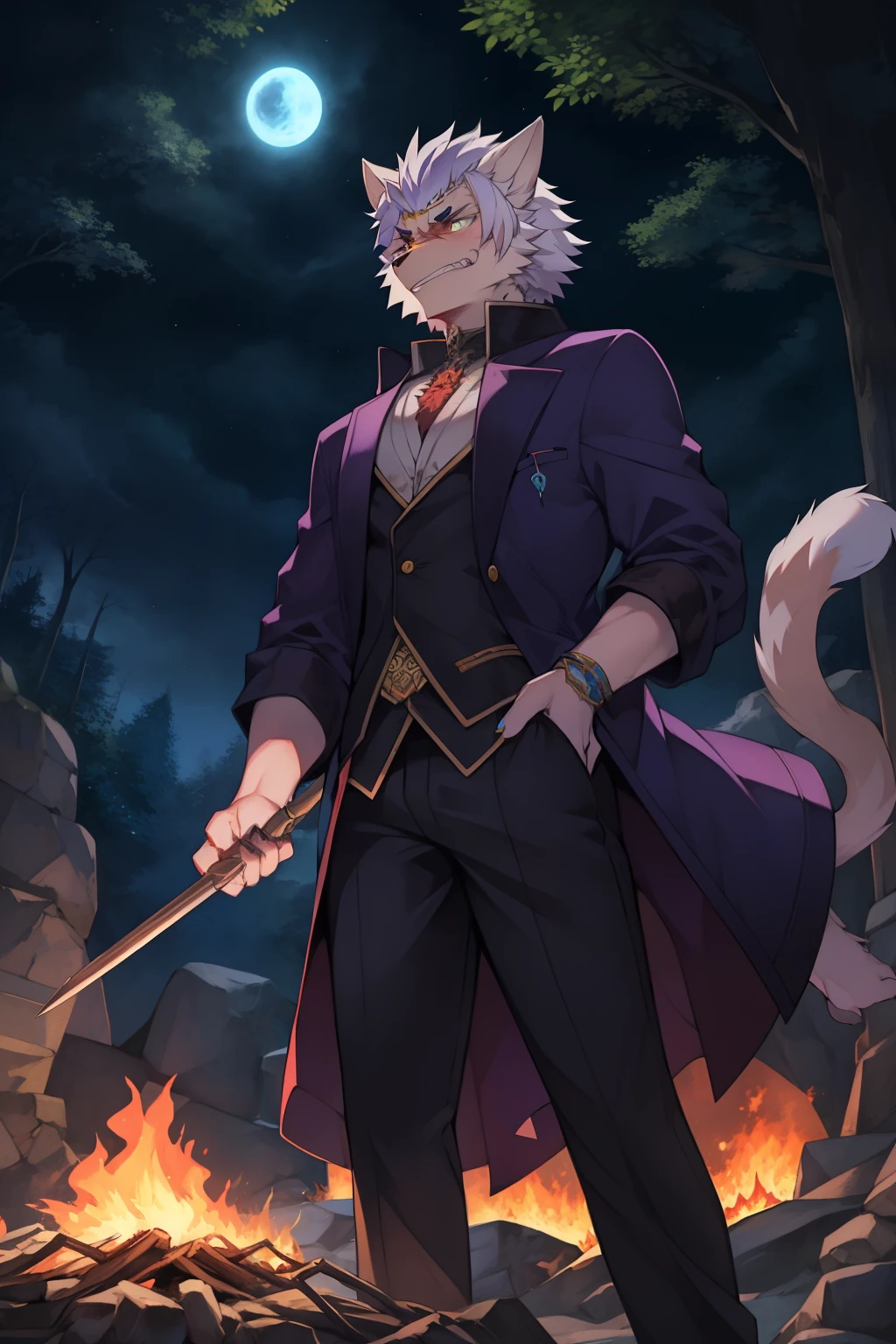 Ultra HD, Masterpiece 4K, Best quality anime character with a cat tail and a cat tail standing in front of a fire, fire!! whole body, From the School of Mysterious Creatures, Angry moral sexy werewolf, from the night of the ark, Popular on artstation pixiv, (SFW) Work, Cool Anime 8K, Handsome guy in the art of slaying demons, official art, White haired orc