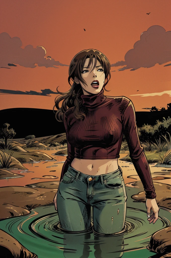vector image, anime, woman, gloomy orgasm, turtleneck and jeans, drowning in the middle of quicksand bog, green,red,sky, red lips, turns around