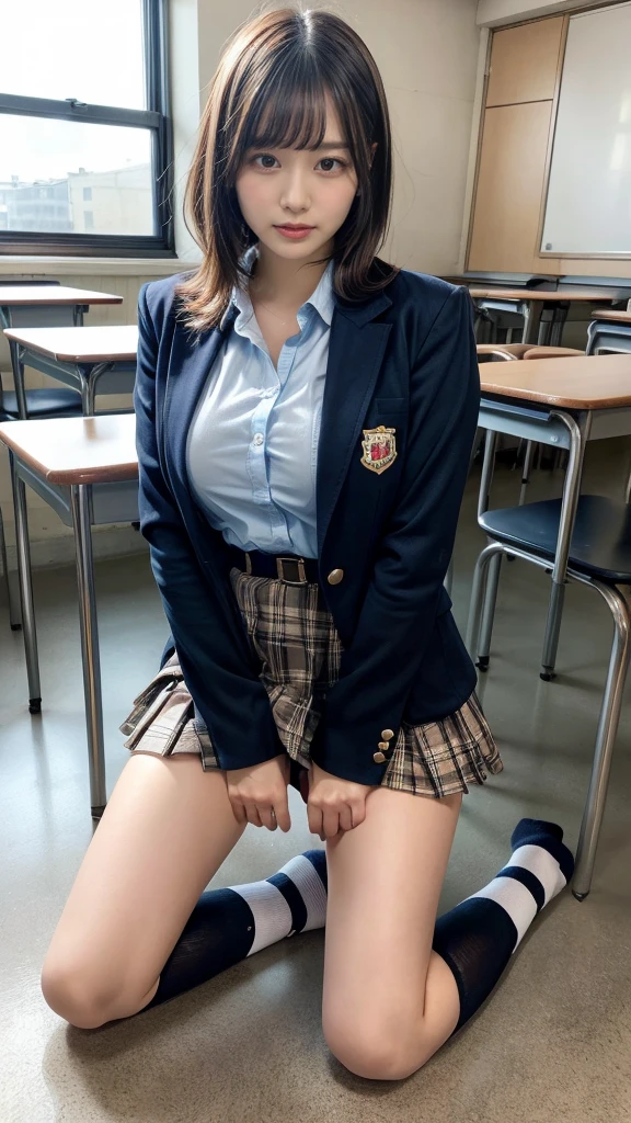 muste piece, best quality, illustration, Super detailed, fine details, High resolution, 8K,wall paper, perfect dynamic composition,(Details High quality, realistic depiction of eyes:1.3), on one knee, spread legs, leaning forward, one hand on floor, (open legs:1.5), High School Classroom、High school girl uniform、blazer 、Super Short Check Uniform Skirt、Navy blue high socks、garterbelts、Colossal tits、Disturbed uniform,  short hair, (wavy hair:1.2), short bob hair, black hair color, large breasts, Big Natural Color Lip, perfect body shape, crying a little、cold gaze, Harajuku style、20 year old girl、cute type, beautiful legs,Gravure Idol, Voluptuous thighs