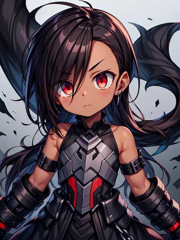 Masterpiece High res, high definition, (((dark skin tone))),dark skin male, dark skin, cute shota,red eyes, black hairpin, brown hair, medium dark brown hair,wearing a black exoskeleton, black detached sleeves, black sleeveless shirt, black armoured Gauntlets, black bodysuit,black exoskeleton, black fingerless gloves,