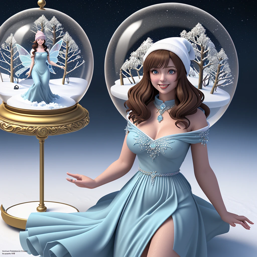 Una cautivadora illustration de estilo anime en 3D de un hada fascinante, Dressed to impress in a stunning sky blue chiffon dress embellished with exquisite designs, gemas brillantes, diamantes y perlas. Her luscious wavy brown hair frames her radiant smile and seductive brown eyes as she gracefully perches on a snow globe with the name "SAORI" grabado en oro. The fairy magically transforms the snow-covered landscape into a magical winter wonderland, completo con delicadas flores y un toque de encanto vintage. , typography, illustration, render 3d, dark fantasy, typography, illustration, 3d render, dark fantasy