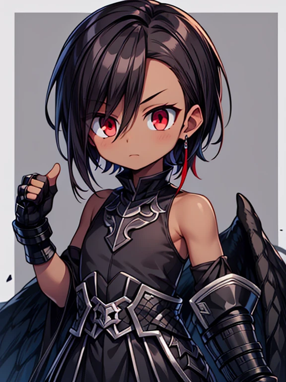 Masterpiece High res, high definition, (((dark skin tone))),dark skin male, dark skin, cute shota,red eyes, black hair Accessory, brown hair, medium dark brown hair,wearing a black exoskeleton, black detached sleeves, black sleeveless shirt, black armoured Gauntlets, black bodysuit,black exoskeleton, black fingerless gloves,