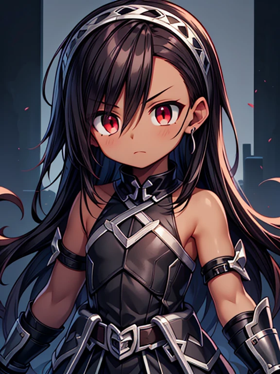 Masterpiece High res, high definition, (((dark skin tone))),dark skin male, dark skin, cute shota,red eyes, black hair Accessory, brown hair, medium dark brown hair,wearing a black exoskeleton, black detached sleeves, black sleeveless shirt, black armoured Gauntlets, black bodysuit,black exoskeleton, black fingerless gloves,