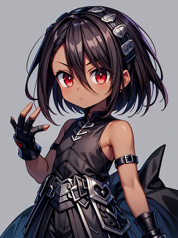 Masterpiece High res, high definition, (((dark skin tone))),dark skin male, dark skin, cute shota,red eyes, black hair Accessory, brown hair, medium dark brown hair,wearing a black exoskeleton, black detached sleeves, black sleeveless shirt, black armoured Gauntlets, black bodysuit,black exoskeleton, black fingerless gloves,