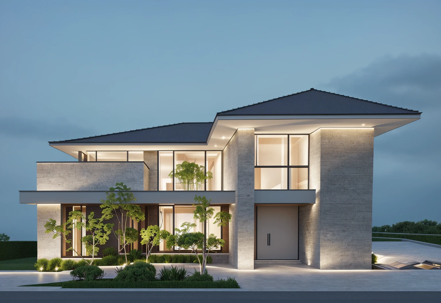 PLATFORM KTHOUSE, 1 morden villa, slope roof, main material of villa about build color wall:1.2 glass panel:1.1 and stone:1.2, 1large yard, 1 road runs in front of the house, (RAW photo, real, best quality, masterpiece:1.2), look morden minimalist, 1 road in front of the house, dynamic lighting:1.3, (hyper realistic, photo-realistic:1.2), high quality, (dark lighting:1.2), perfect lighting, archdaily, no human, light at 12 noon, light in door:1.2