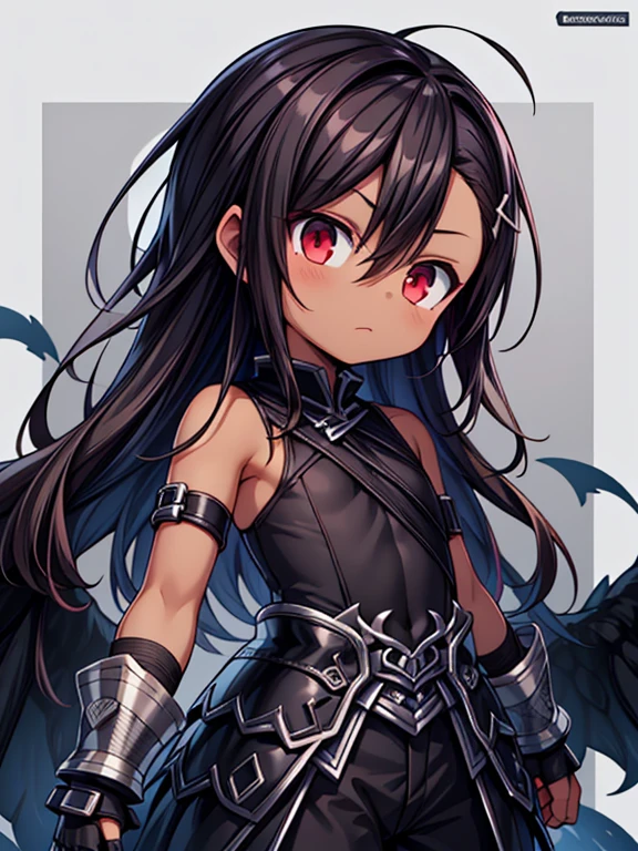 Masterpiece High res, high definition, (((dark skin tone))),dark skin male, dark skin, cute shota,red eyes, black hairpin, brown hair, medium dark brown hair,wearing a black exoskeleton, black detached sleeves, black sleeveless shirt, black armoured Gauntlets, black bodysuit,black exoskeleton, black fingerless gloves,