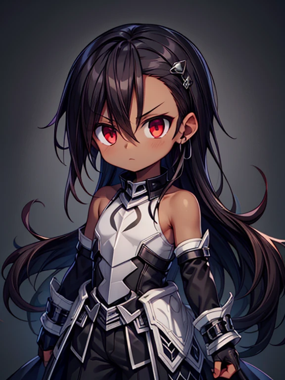 Masterpiece High res, high definition, (((dark skin tone))),dark skin male, dark skin, cute shota,red eyes, black hairpin, brown hair, medium dark brown hair,wearing a black exoskeleton, black detached sleeves, black sleeveless shirt, black armoured Gauntlets, black bodysuit,black exoskeleton, black fingerless gloves,