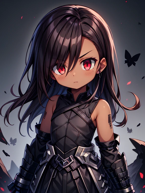 Masterpiece High res, high definition, (((dark skin tone))),dark skin male, dark skin, cute shota,red eyes, black hairpin, brown hair, medium dark brown hair,wearing a black exoskeleton, black detached sleeves, black sleeveless shirt, black armoured Gauntlets, black bodysuit,black exoskeleton, black fingerless gloves,