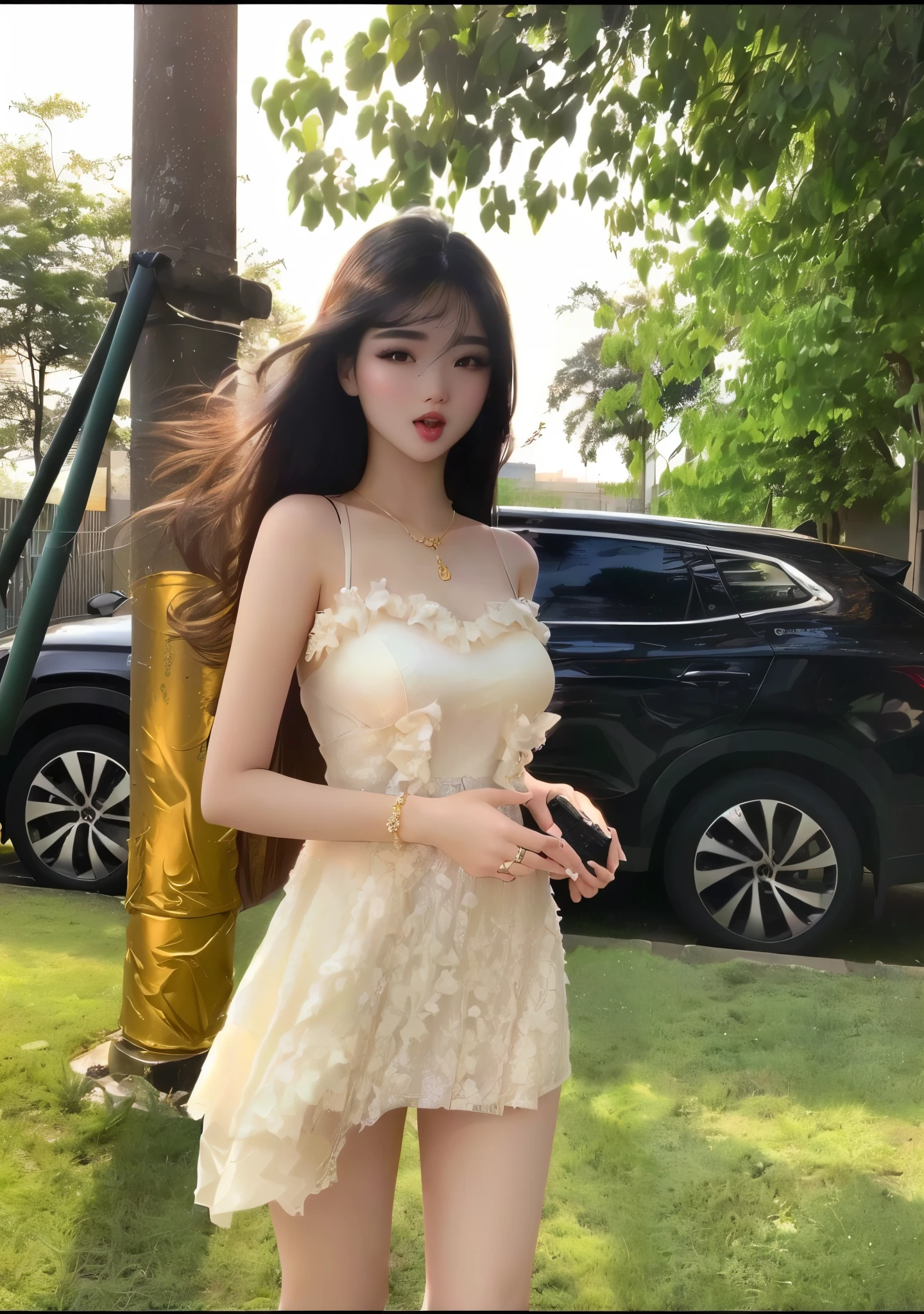 Arafat women wearing short skirts stand in the courtyard, beautiful and cute, luxury dress, sha xi, Very low quality, 2020 fashion, cute girl, 2263539546], Lovely woman, Cute and beautiful, very Very low quality, 👅 👅, Korean female fashion models, tumblr, romantic gown, sexy dress